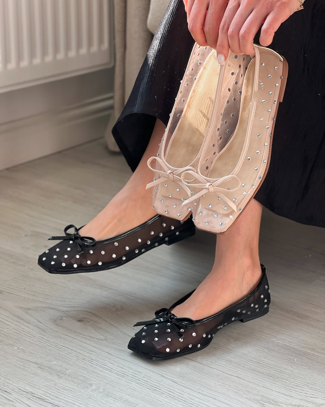 Pearl Rhinestone Mesh Ballet Bow Flats
