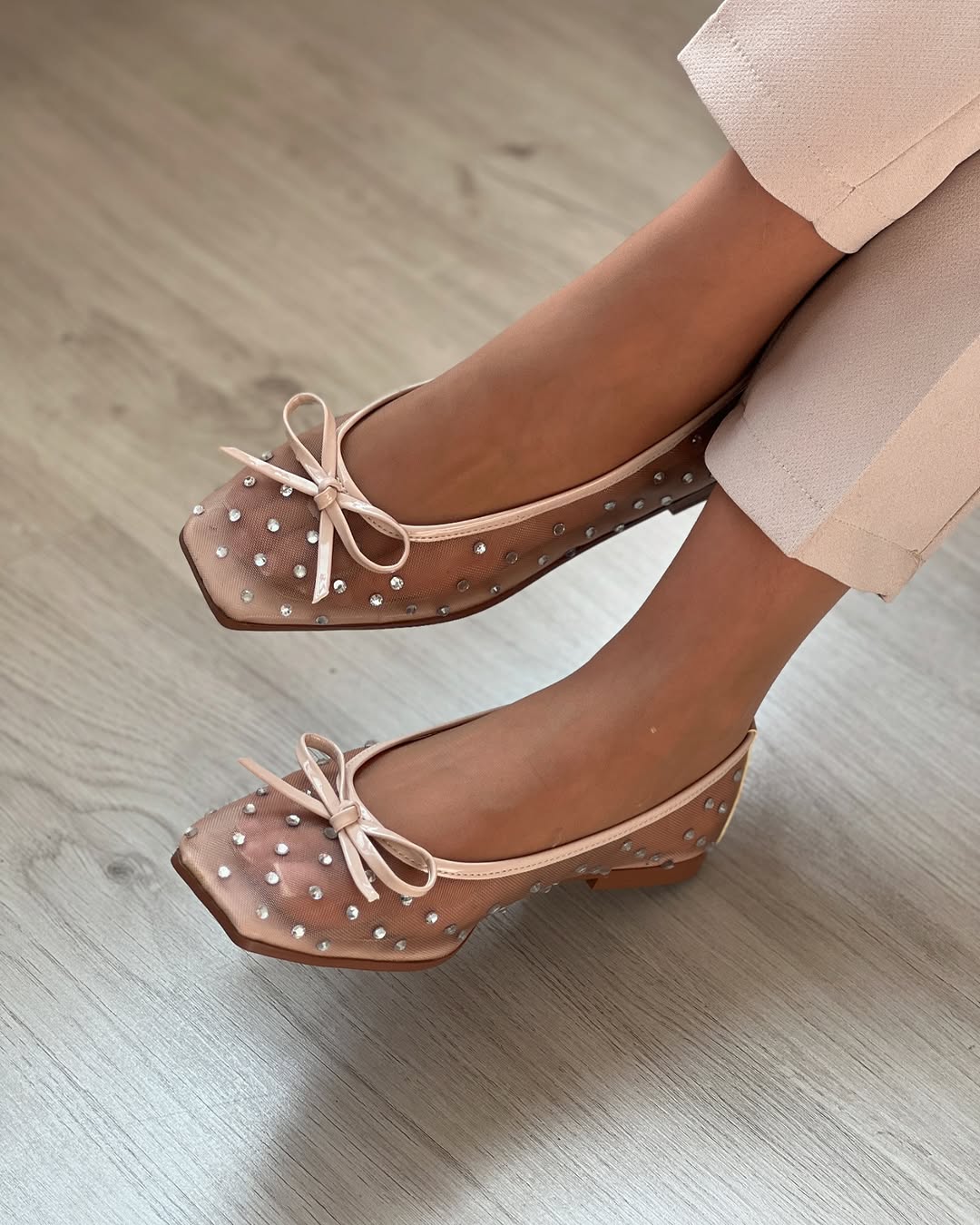 Pearl Rhinestone Mesh Ballet Bow Flats