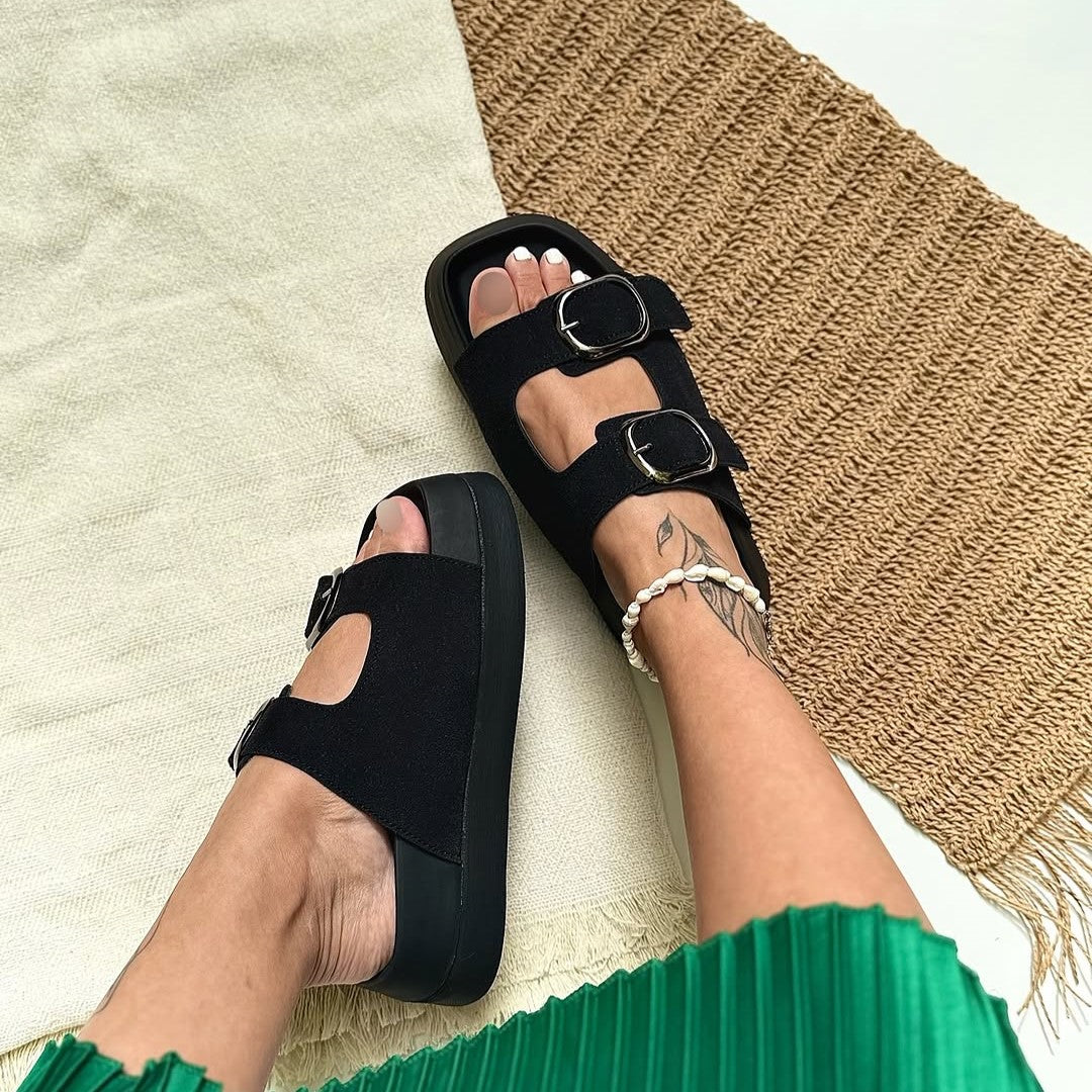 Buckle Detail Platform Suede Slide Sandals