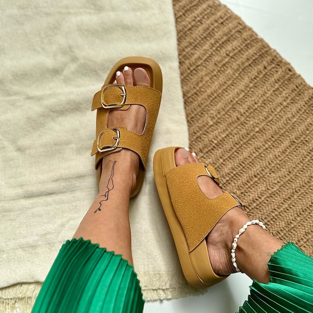 Buckle Detail Platform Suede Slide Sandals
