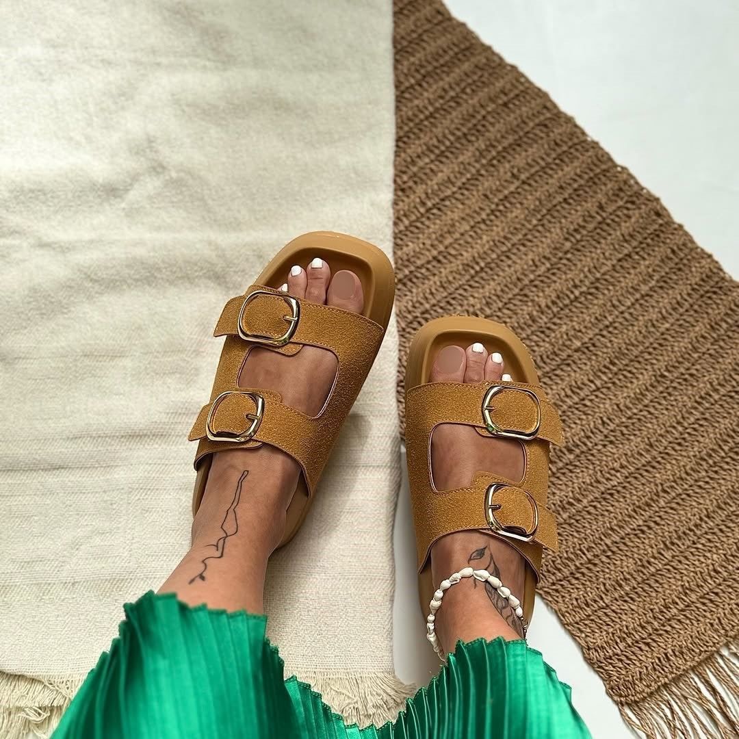 Buckle Detail Platform Suede Slide Sandals