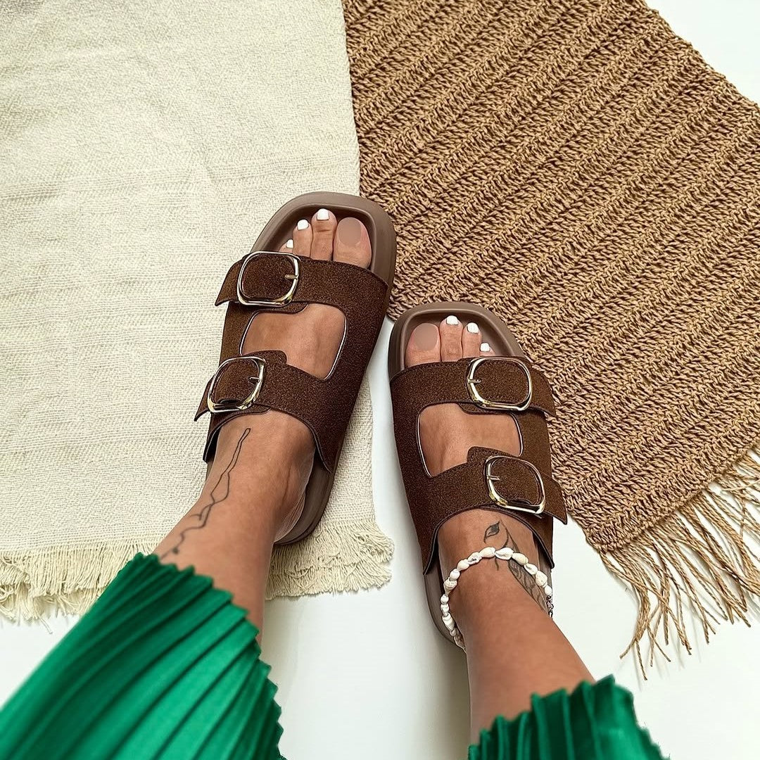 Buckle Detail Platform Suede Slide Sandals