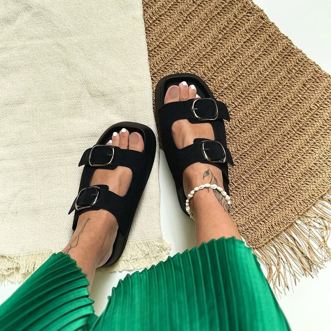 Buckle Detail Platform Suede Slide Sandals