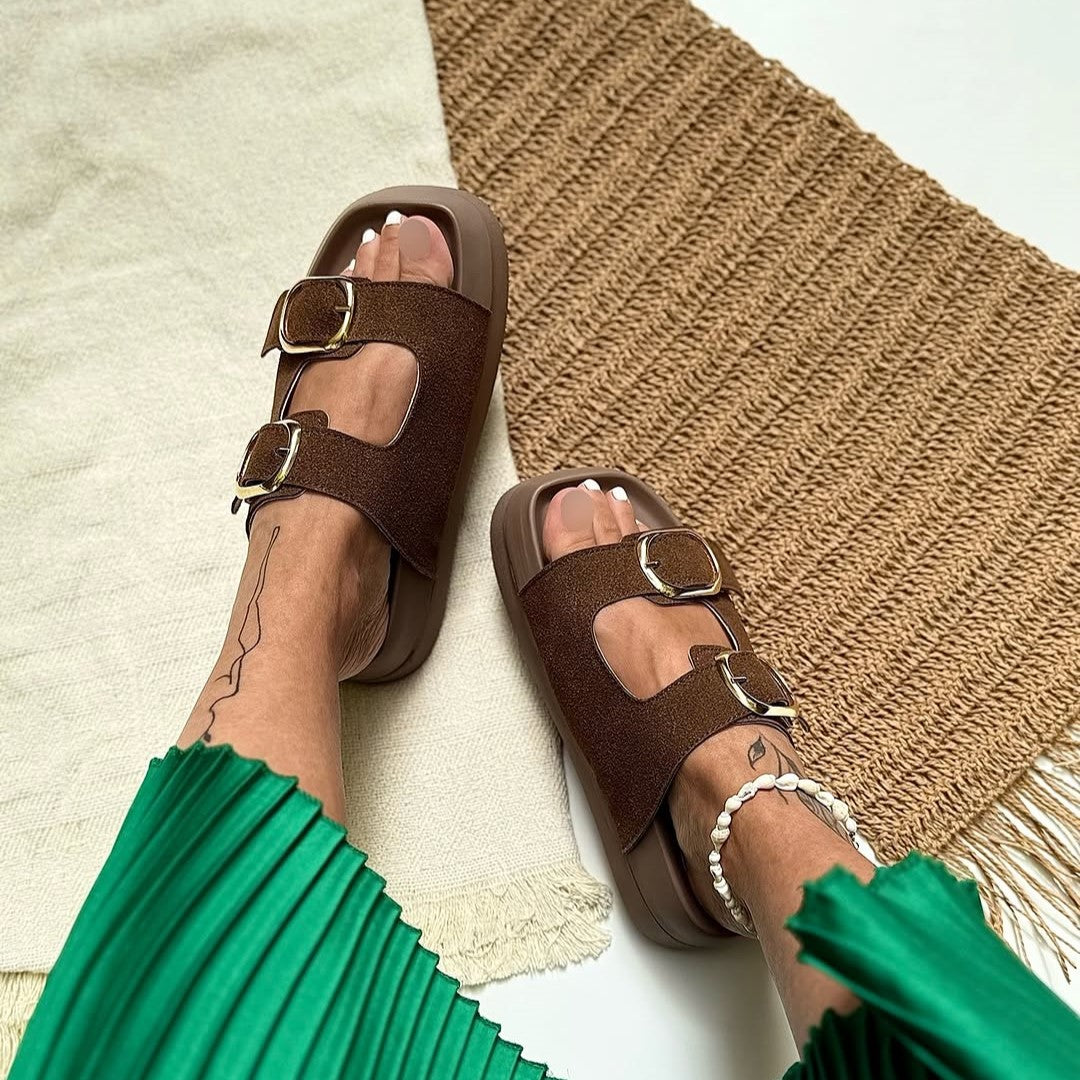 Buckle Detail Platform Suede Slide Sandals