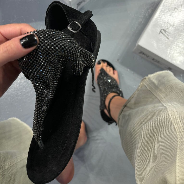 Women's Black Sandals With Rhinestones