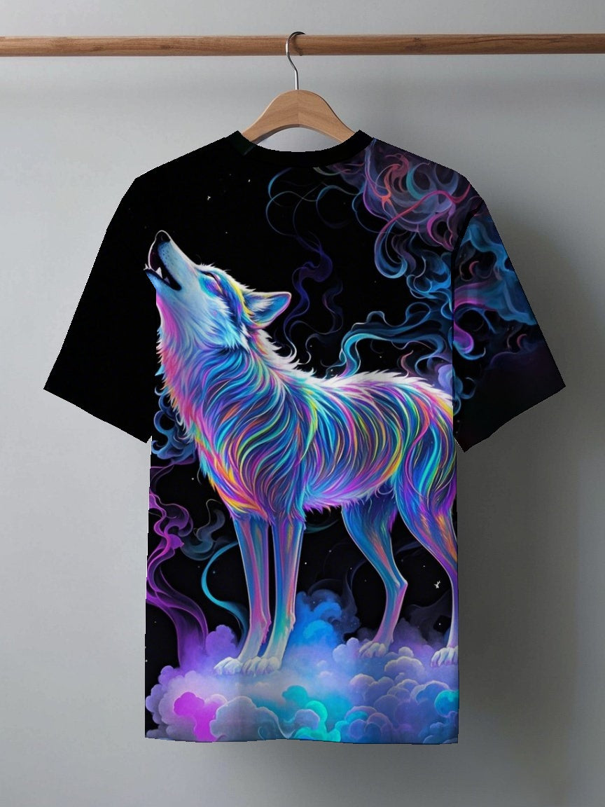 Wolf Colorful Men's short-sleeved T-shirt summer T-shirt top full of print