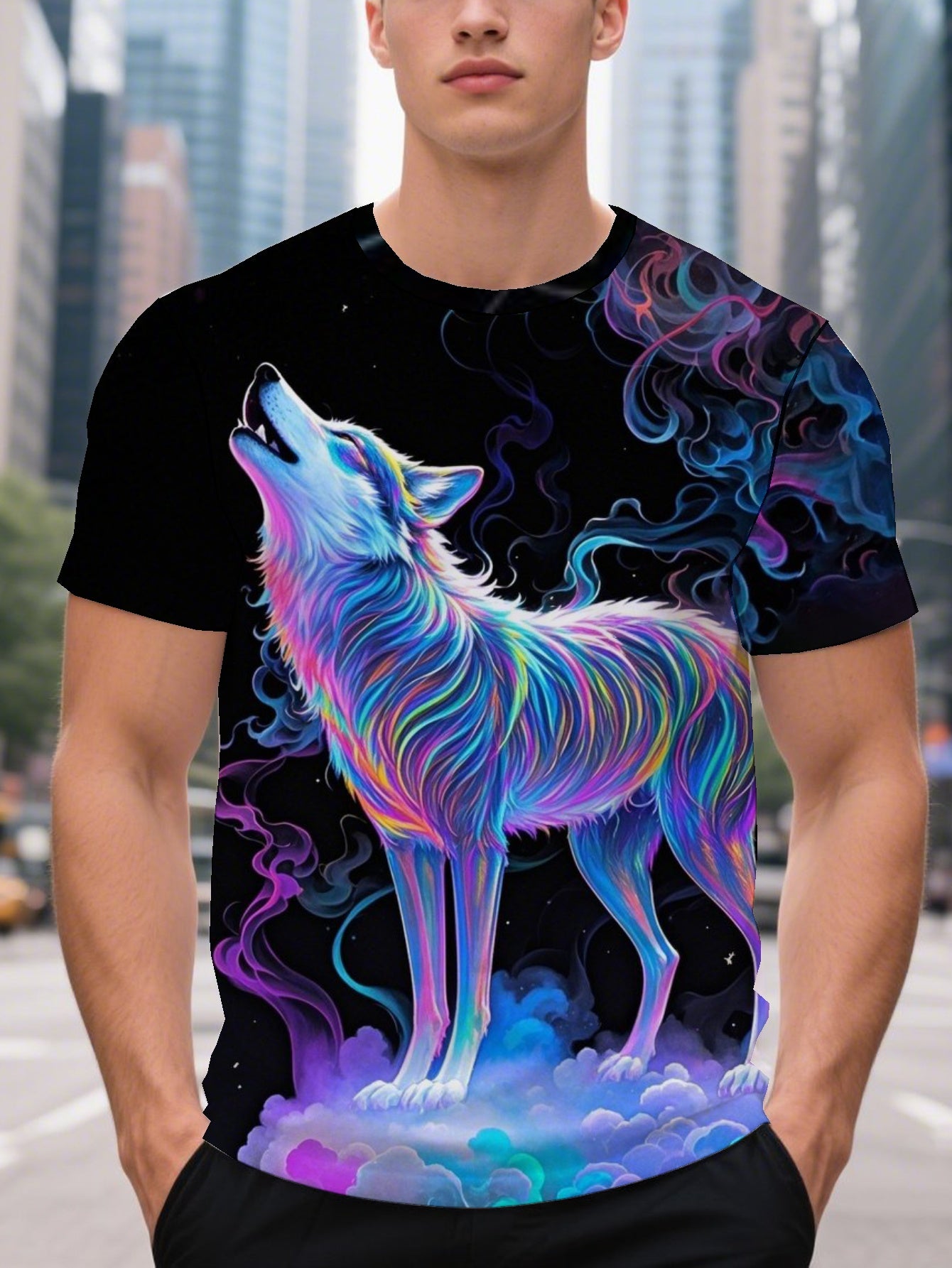 Wolf Colorful Men's short-sleeved T-shirt summer T-shirt top full of print