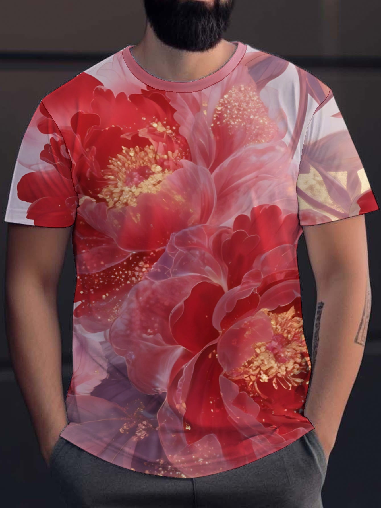 Peony Men's short-sleeved T-shirt summer T-shirt top full of print