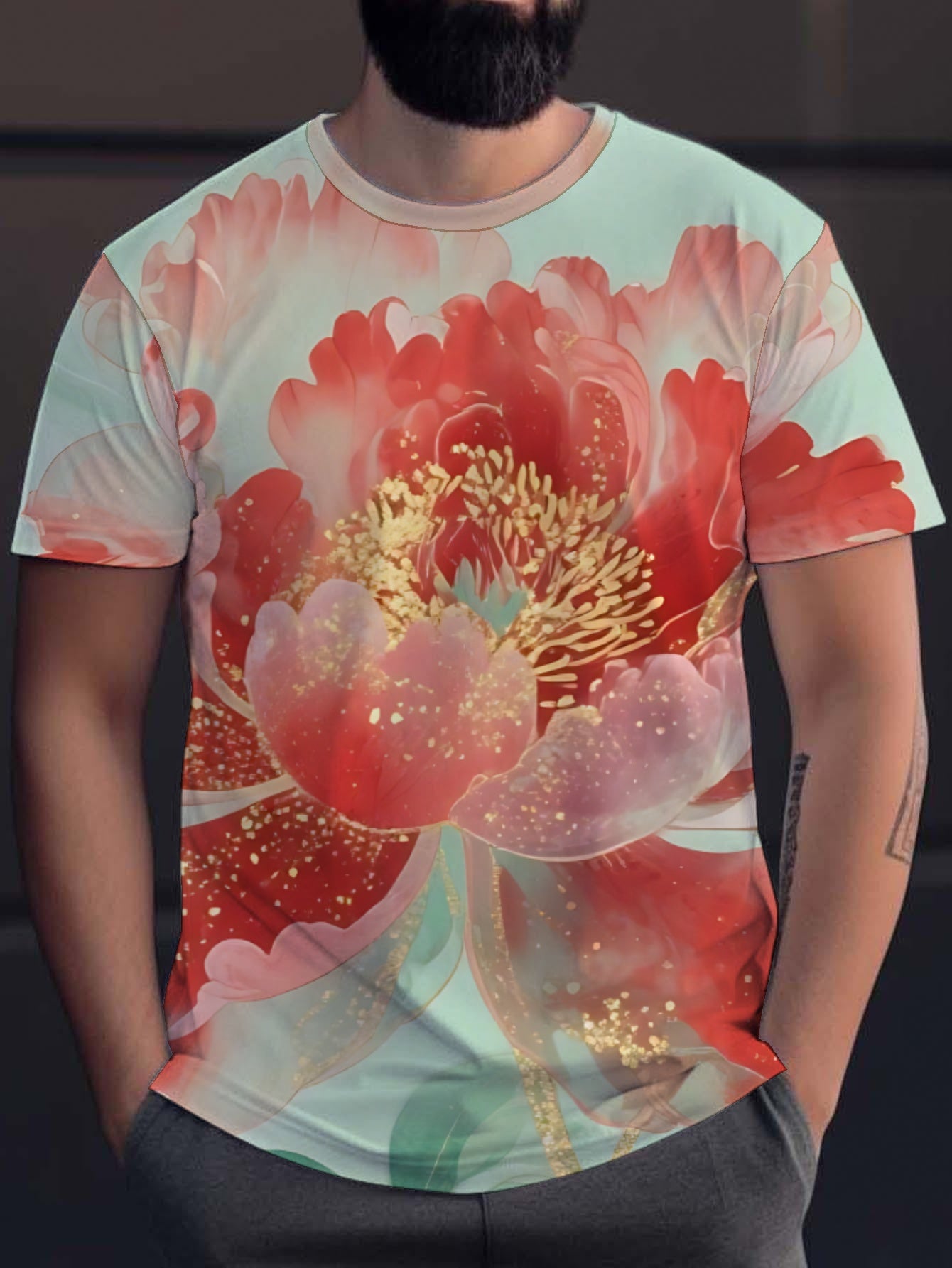 Peony Men's short-sleeved T-shirt summer T-shirt top full of print