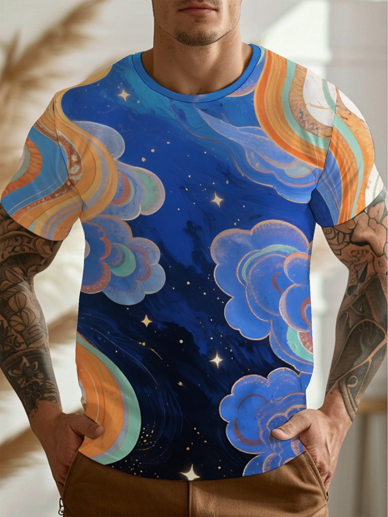 Abstract Starry Sky Star River Men's short-sleeved T-shirt summer T-shirt top full of print