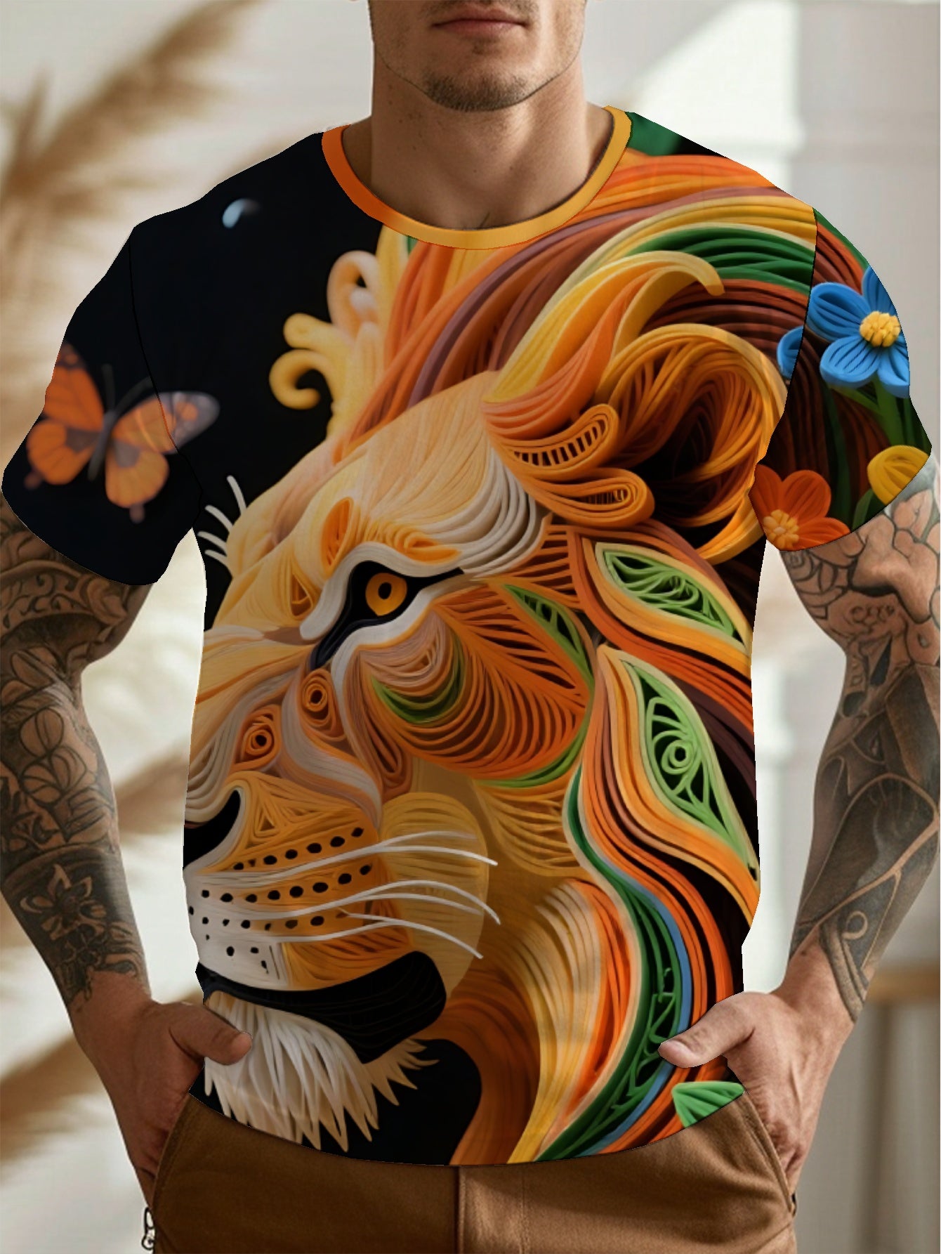 Lion Men's short-sleeved T-shirt summer T-shirt top full of print