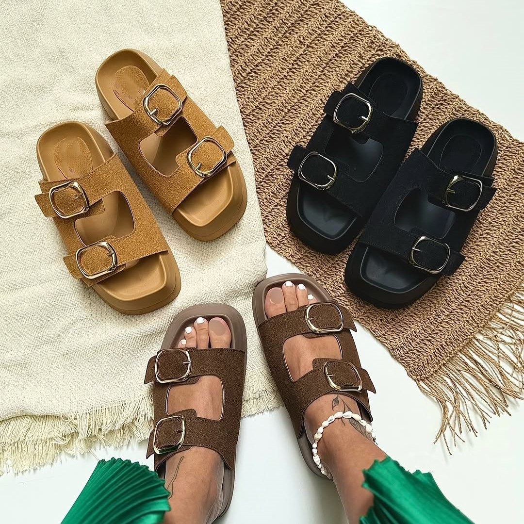 Buckle Detail Platform Suede Slide Sandals