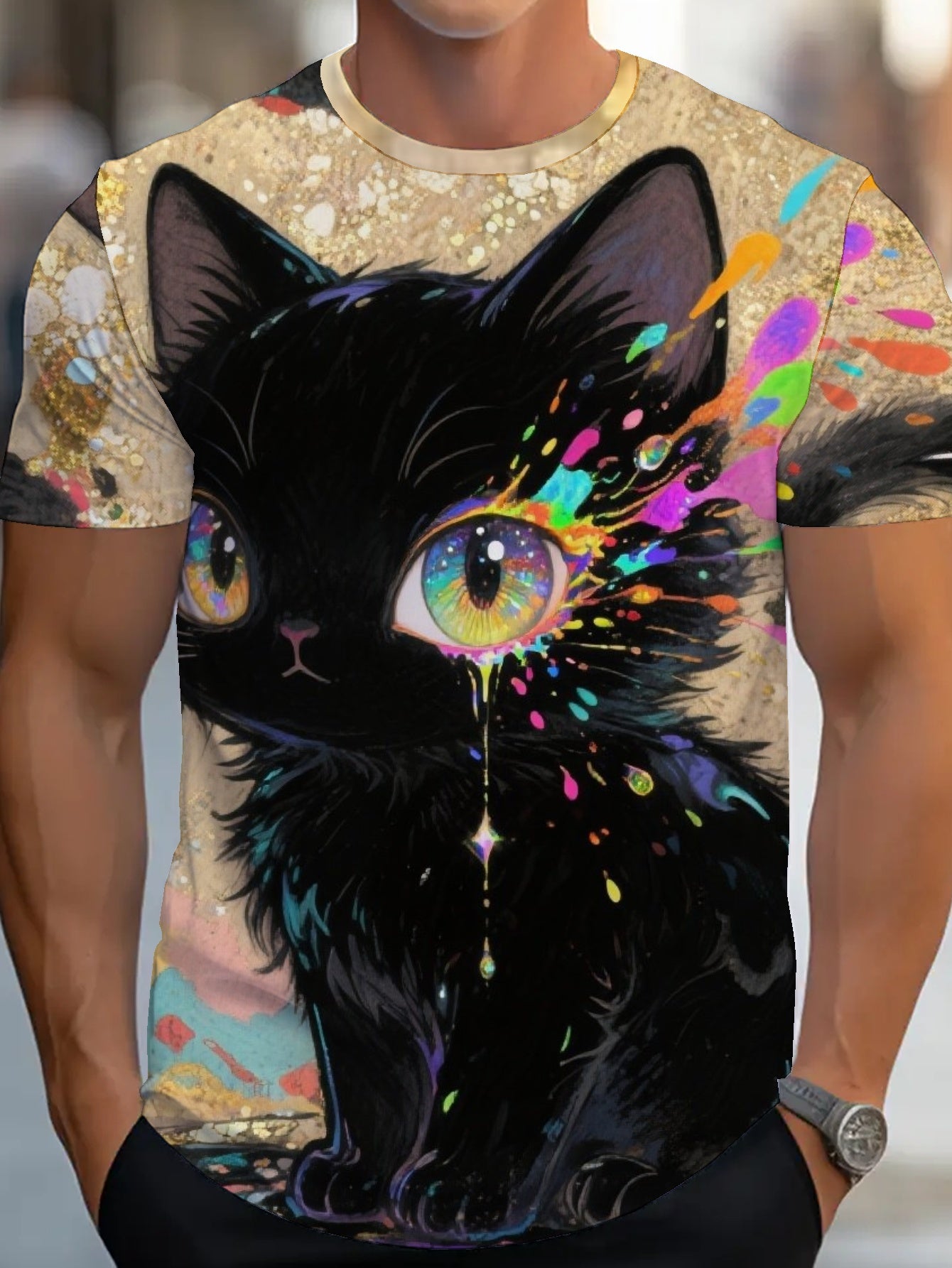 Art Cat Men's short-sleeved T-shirt summer T-shirt top full of print