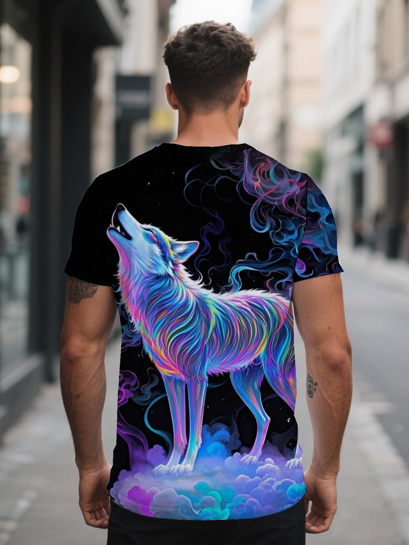 Wolf Colorful Men's short-sleeved T-shirt summer T-shirt top full of print