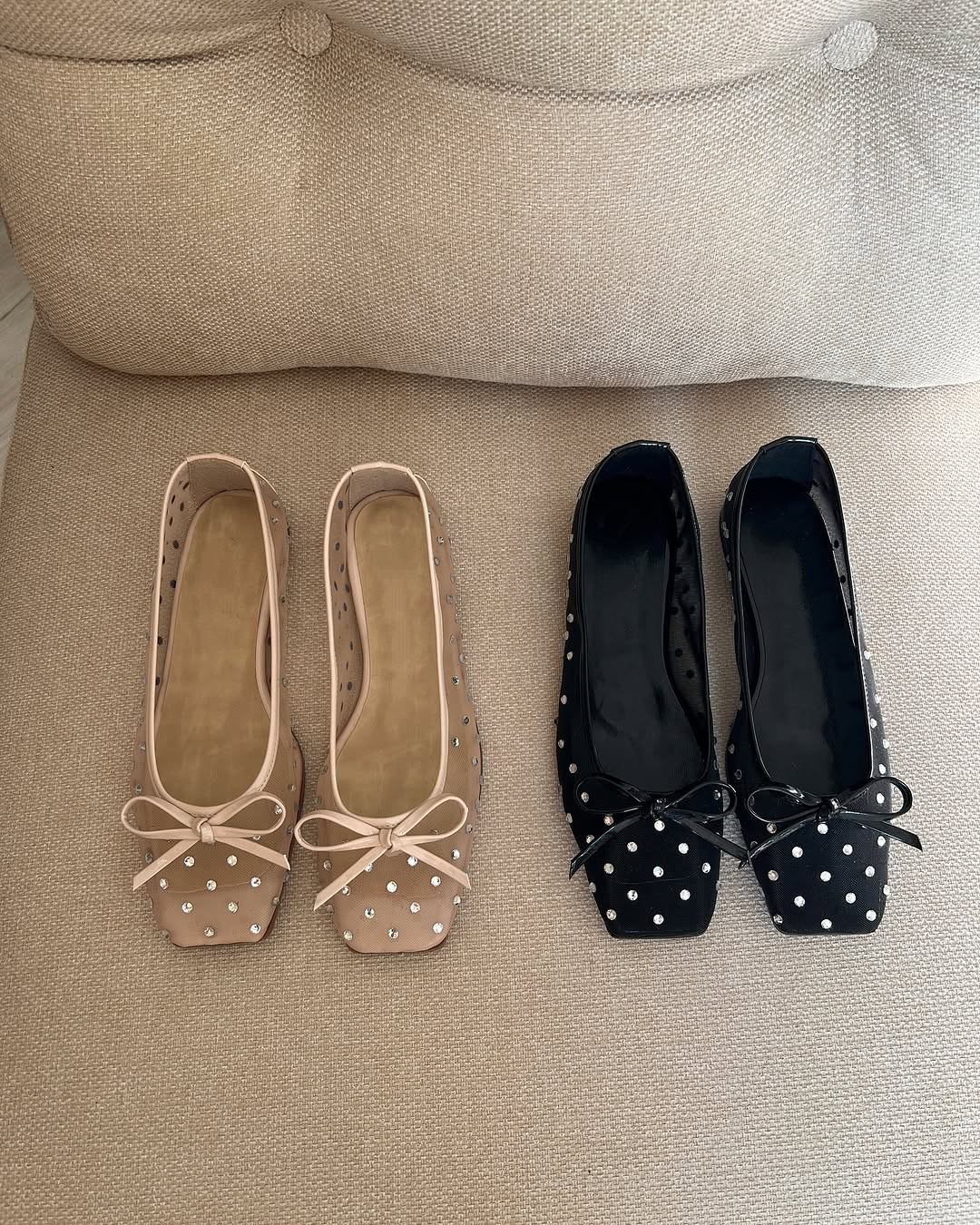 Pearl Rhinestone Mesh Ballet Bow Flats