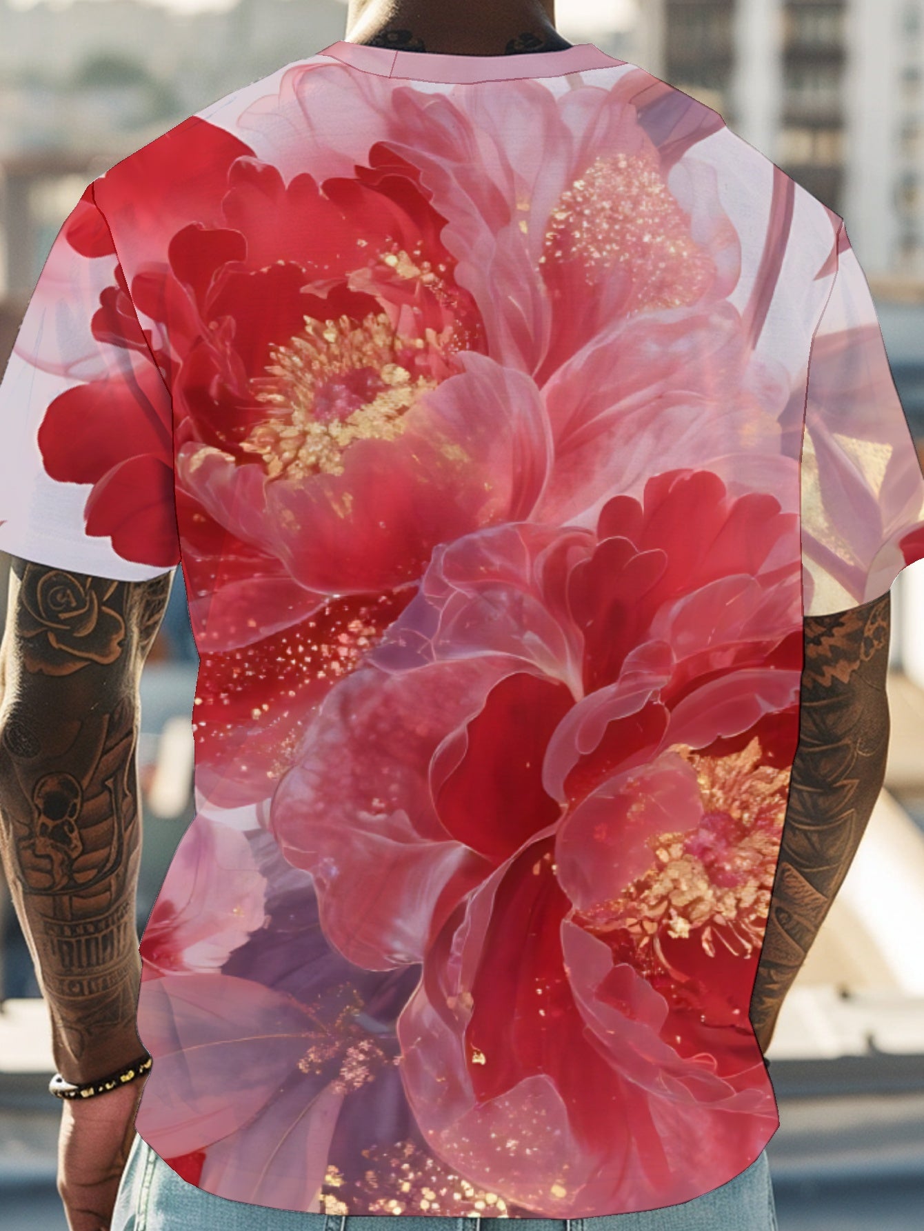 Peony Men's short-sleeved T-shirt summer T-shirt top full of print