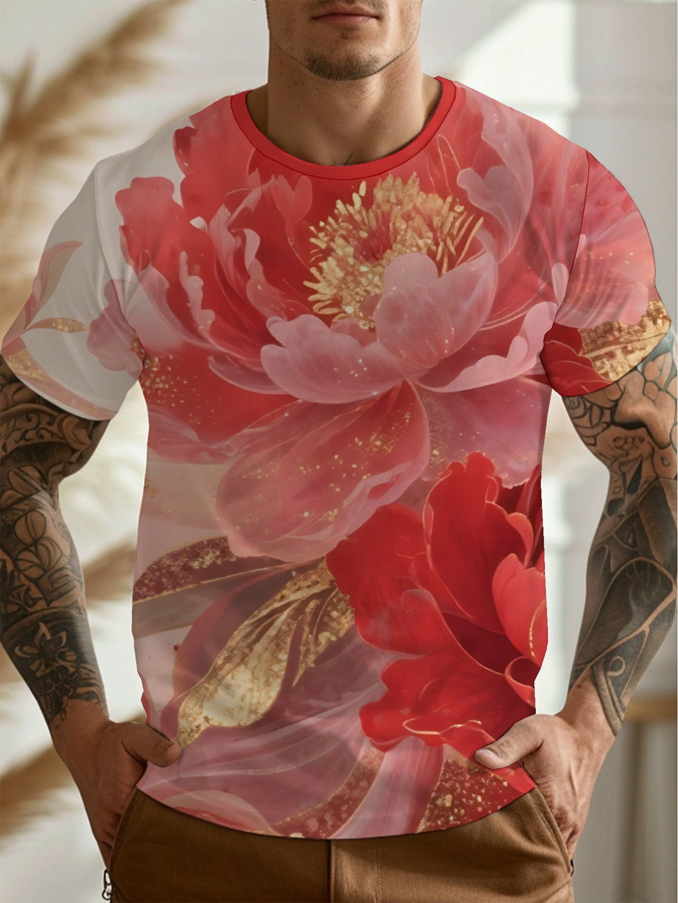 Peony Flowers Men's short-sleeved T-shirt summer T-shirt top full of print