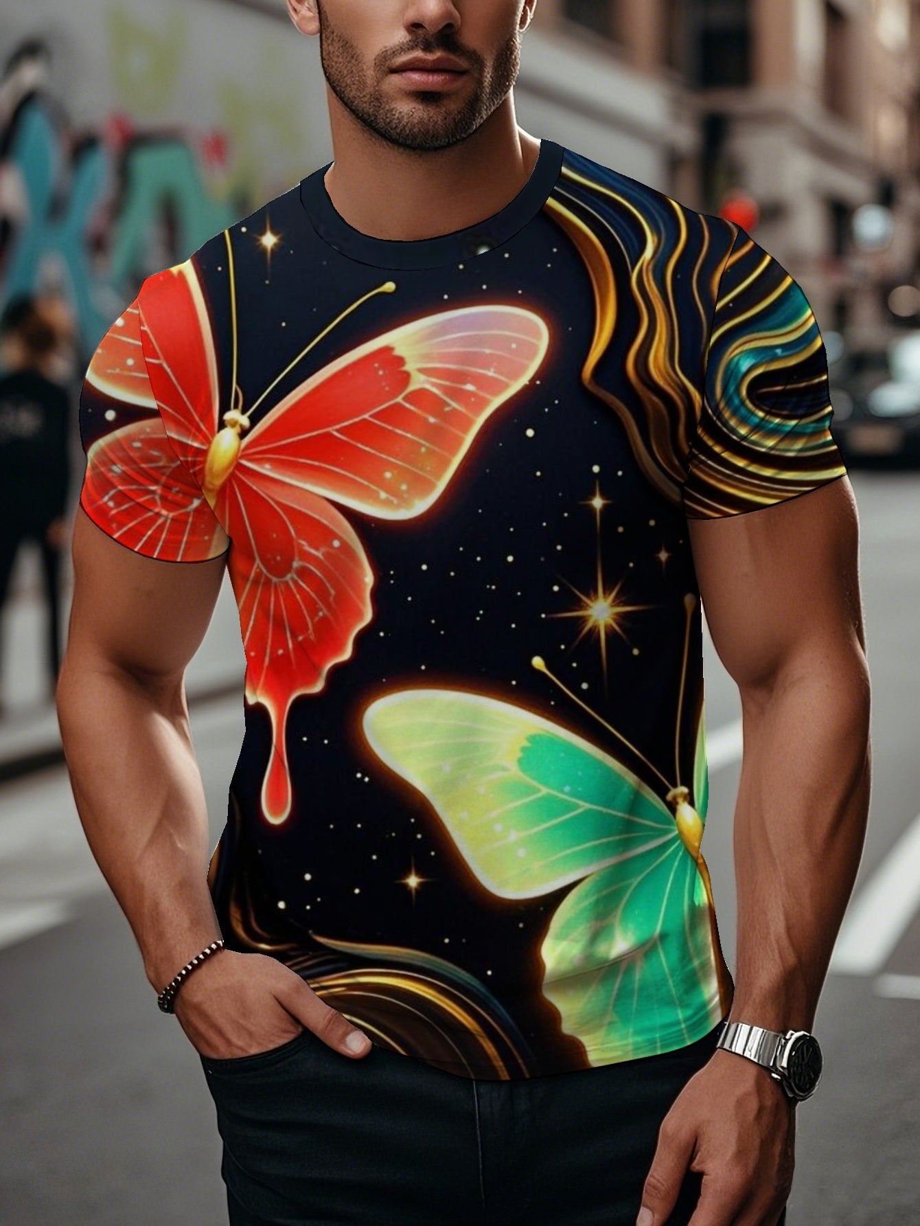 Butterfly Men's short-sleeved T-shirt summer T-shirt top full of print