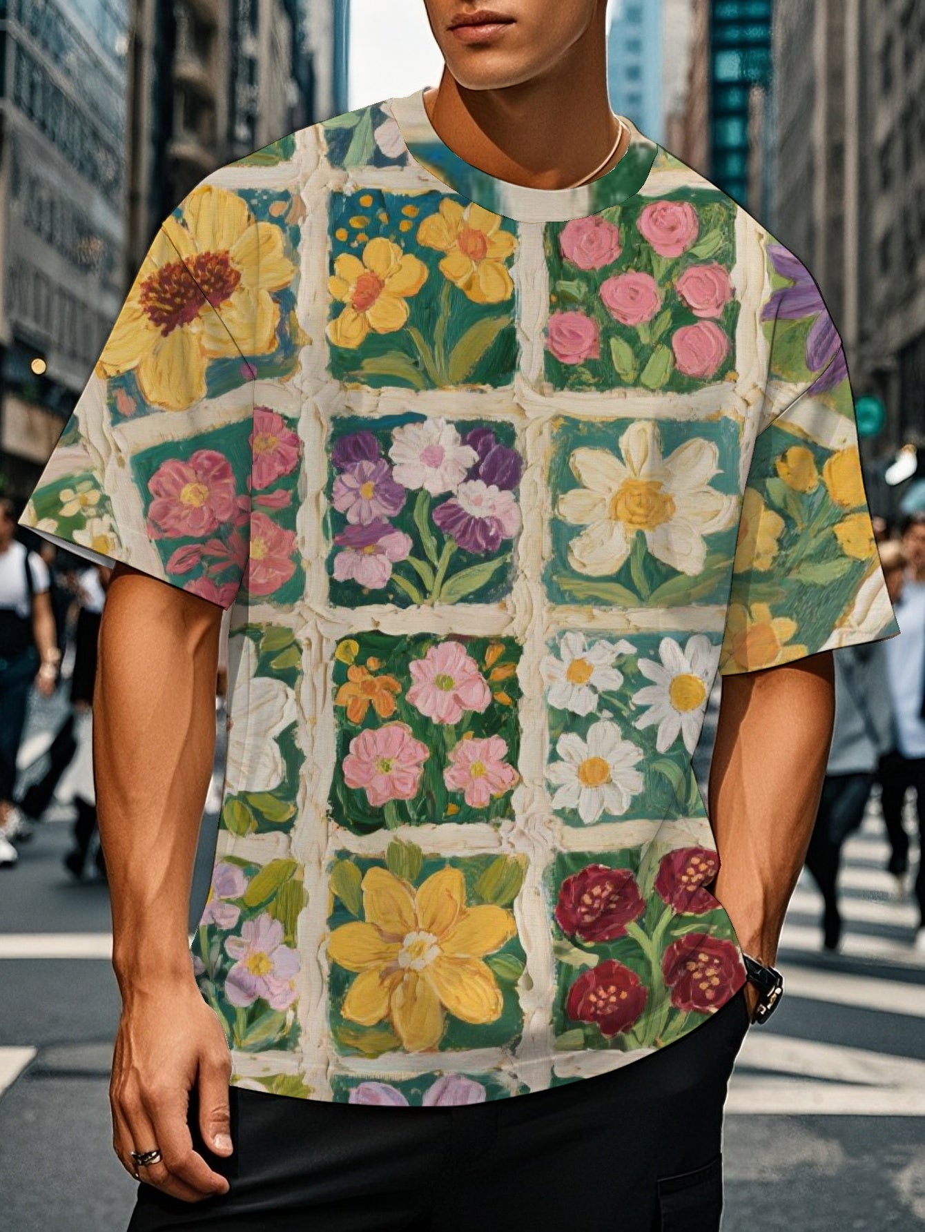 Flower Men's short-sleeved T-shirt summer T-shirt top full of print