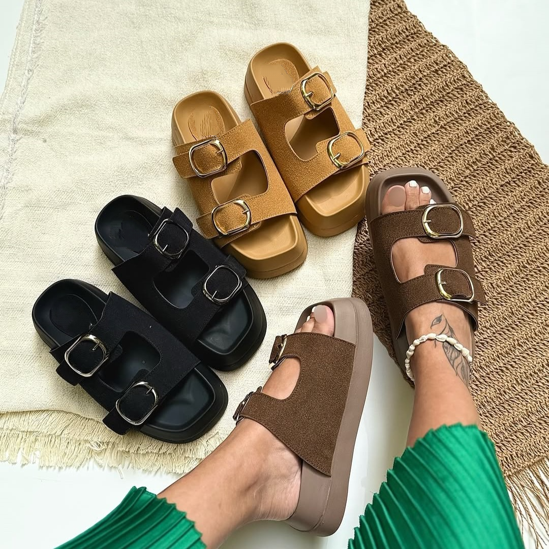Buckle Detail Platform Suede Slide Sandals