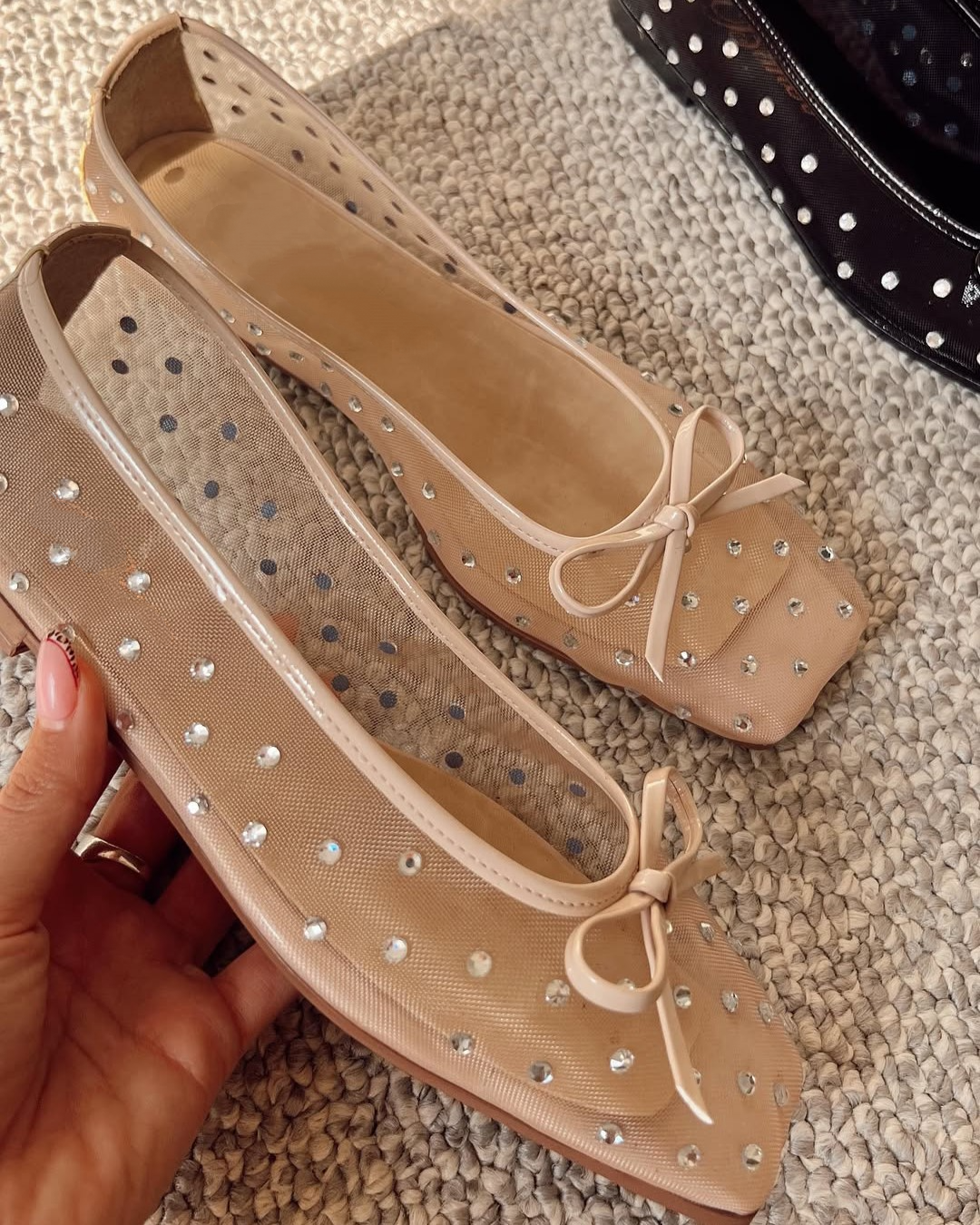 Pearl Rhinestone Mesh Ballet Bow Flats
