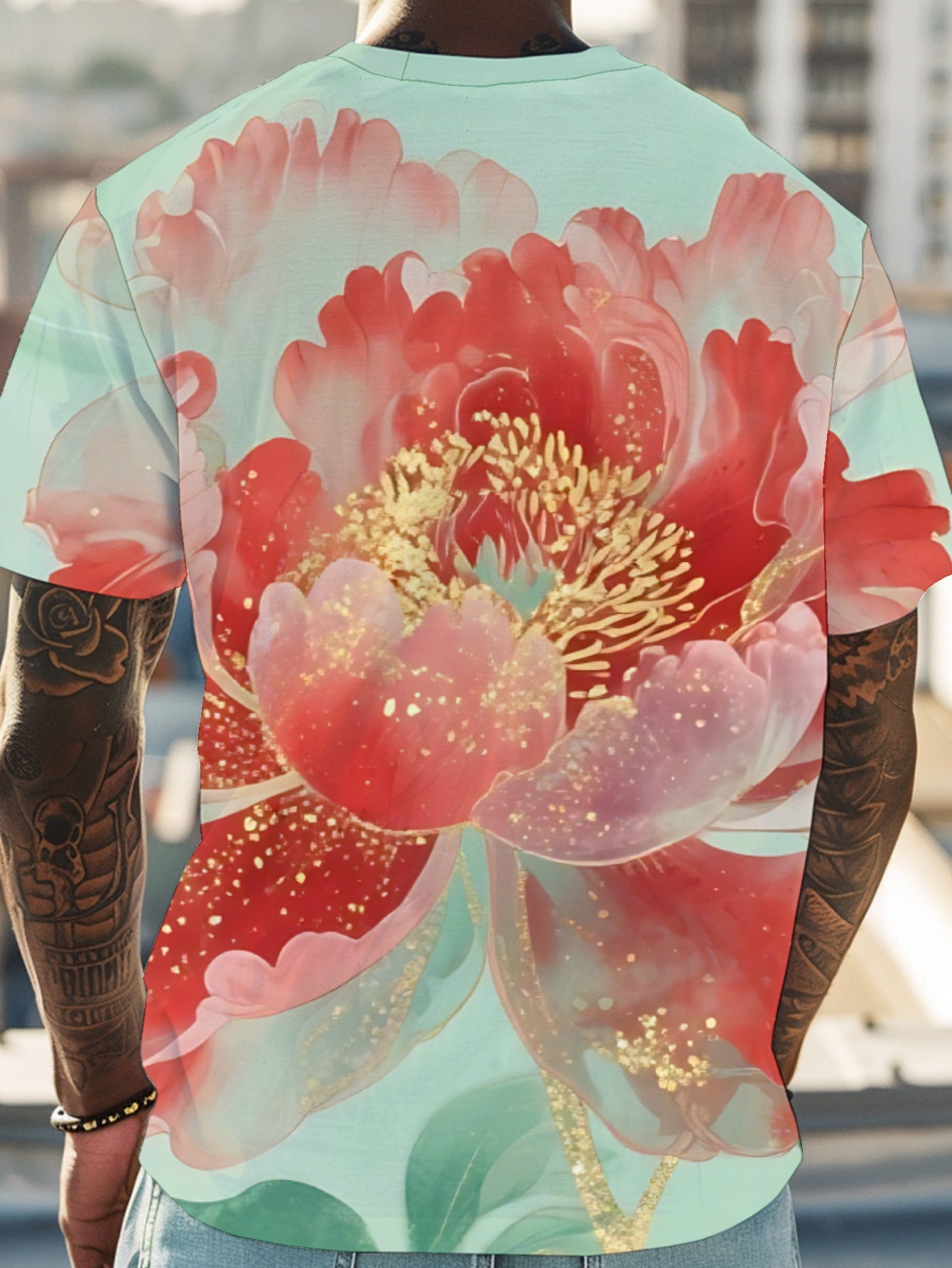 Peony Men's short-sleeved T-shirt summer T-shirt top full of print
