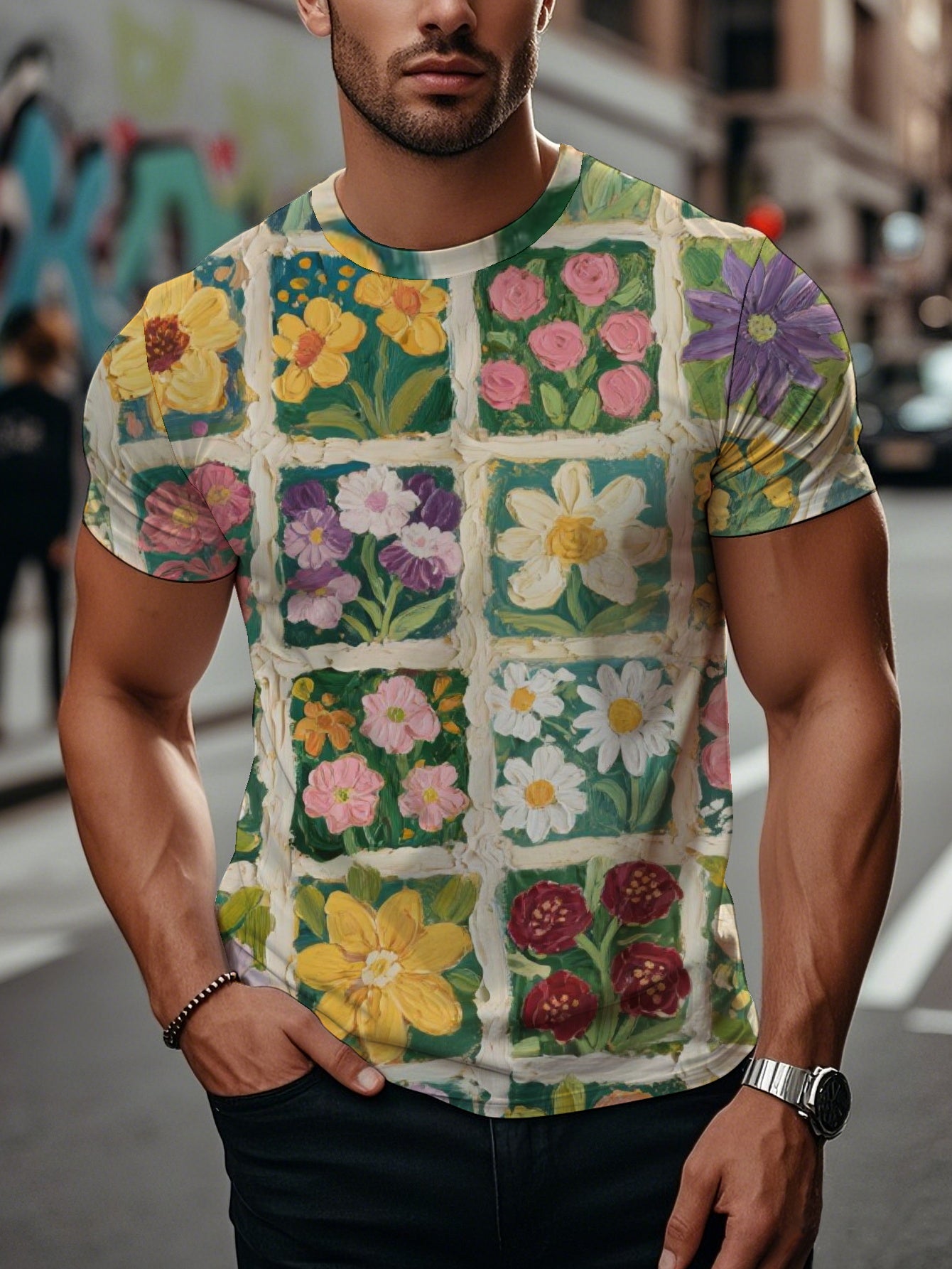 Flower Men's short-sleeved T-shirt summer T-shirt top full of print