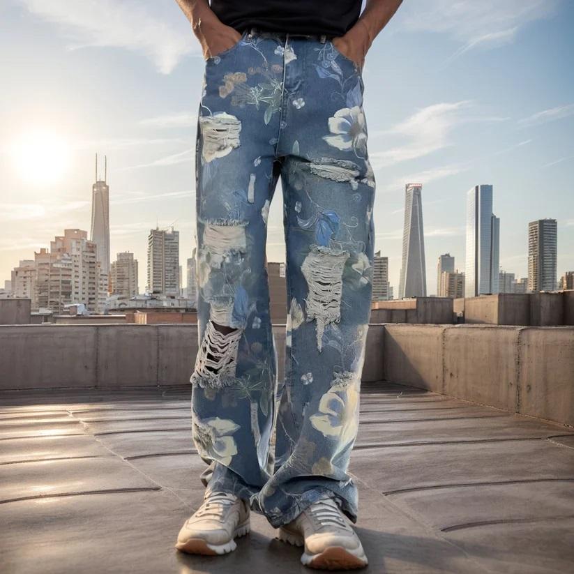 Printed ripped loose wide-leg jeans