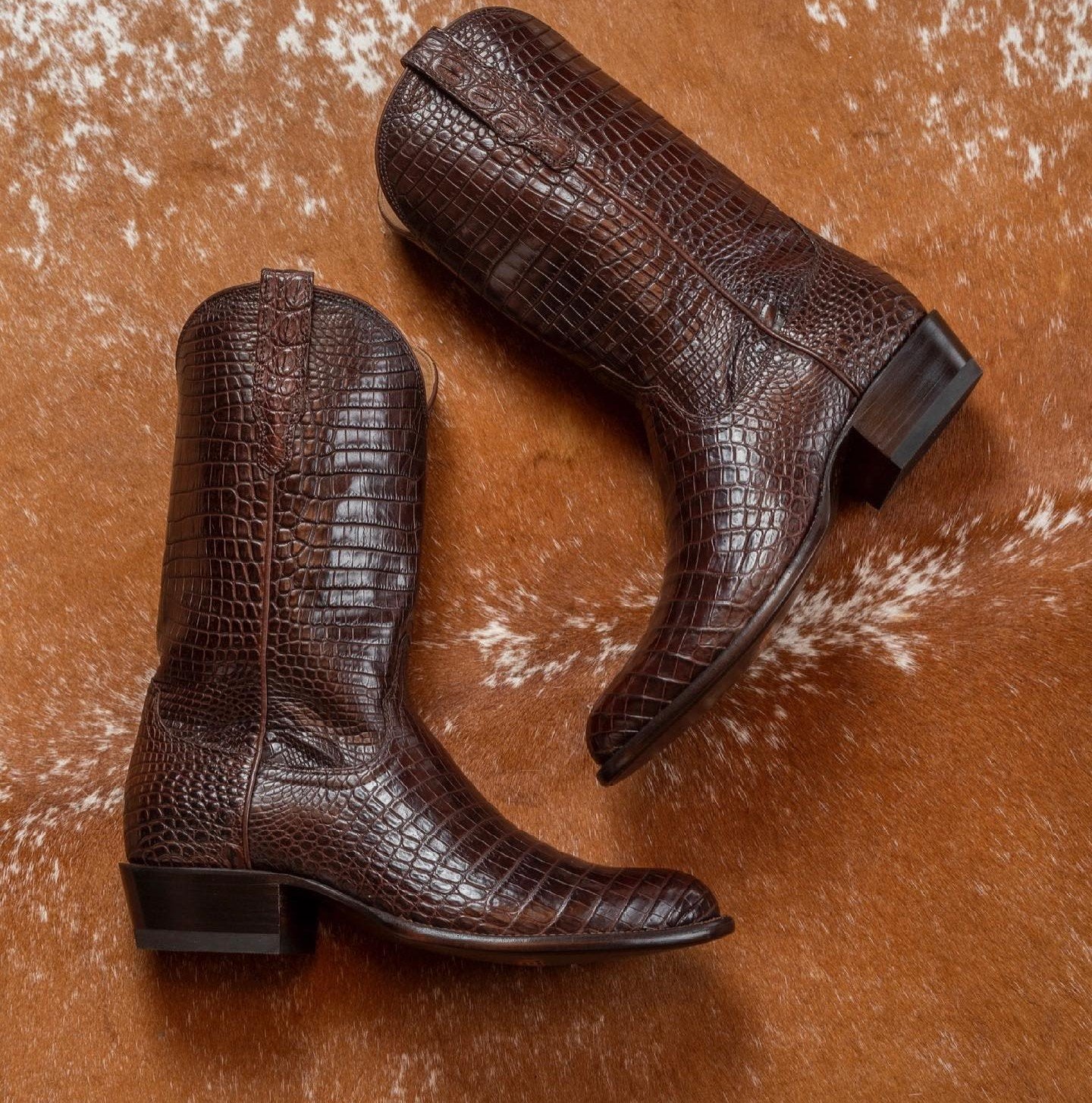 Brown Croc Print Leather Western Cowboy Boots