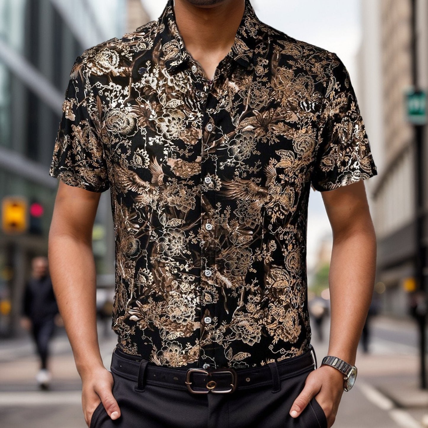 Summer new casual printed ice silk short-sleeved shirt