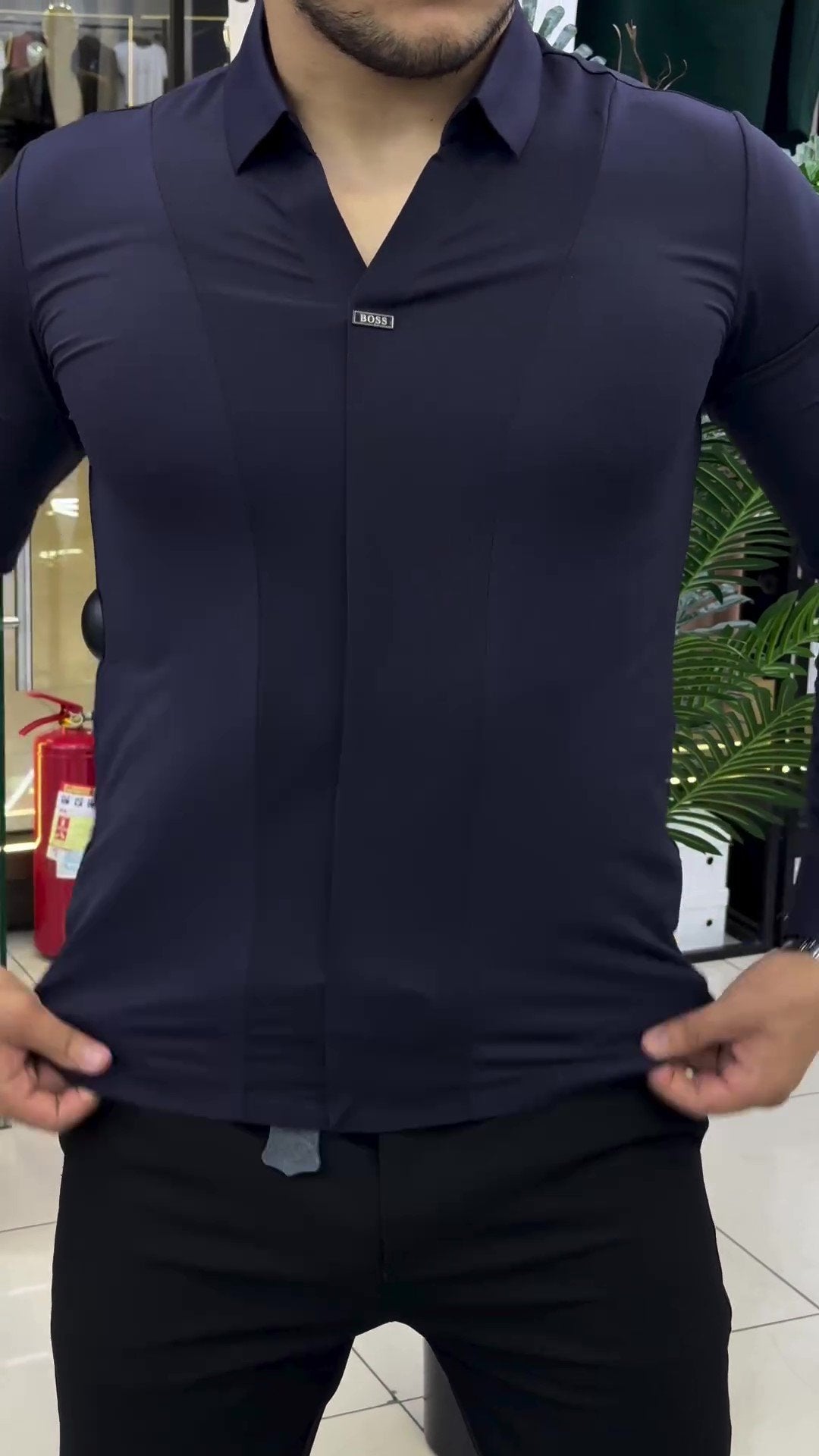 boss textured V-neck slim shirt