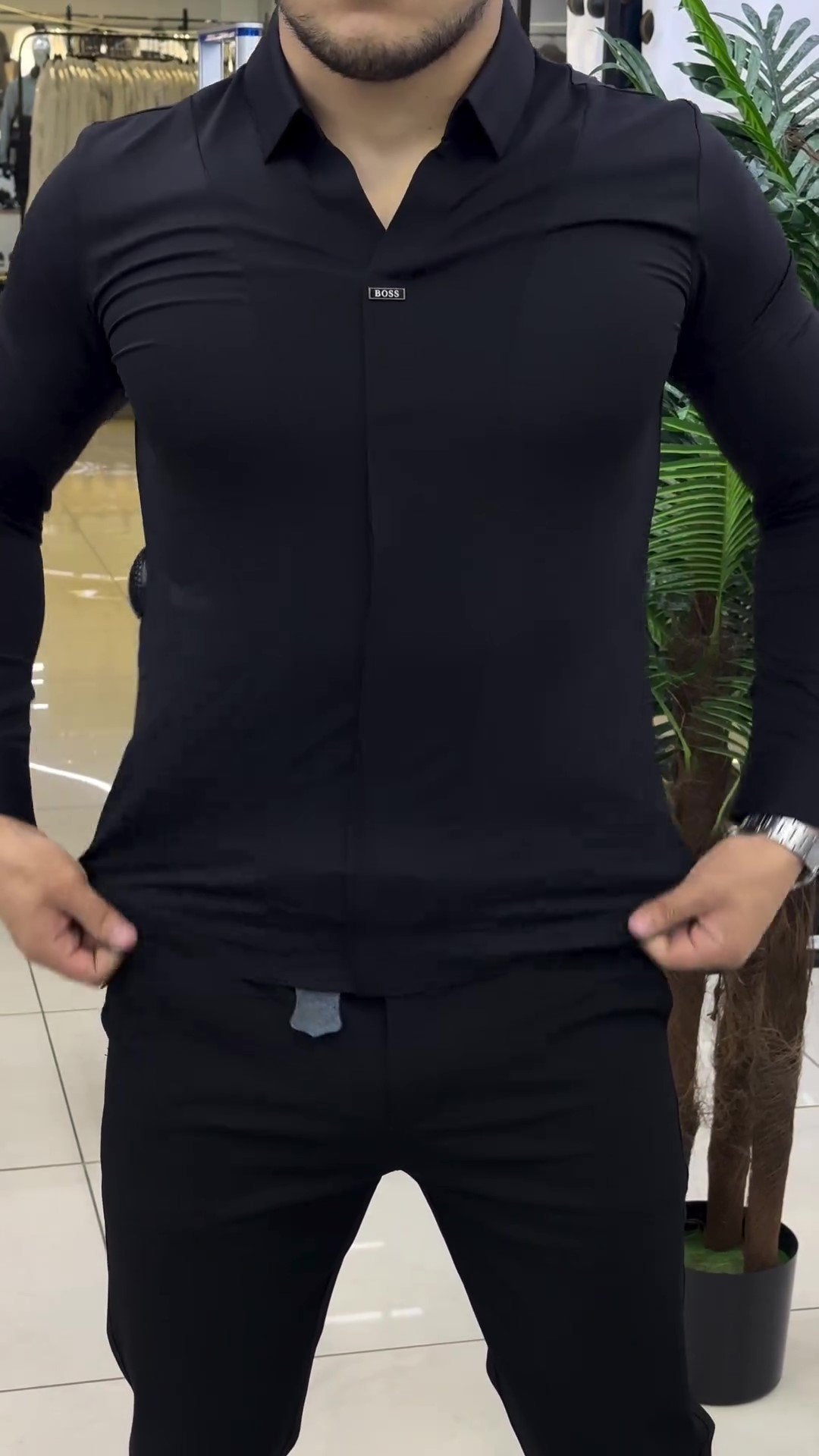 boss textured V-neck slim shirt