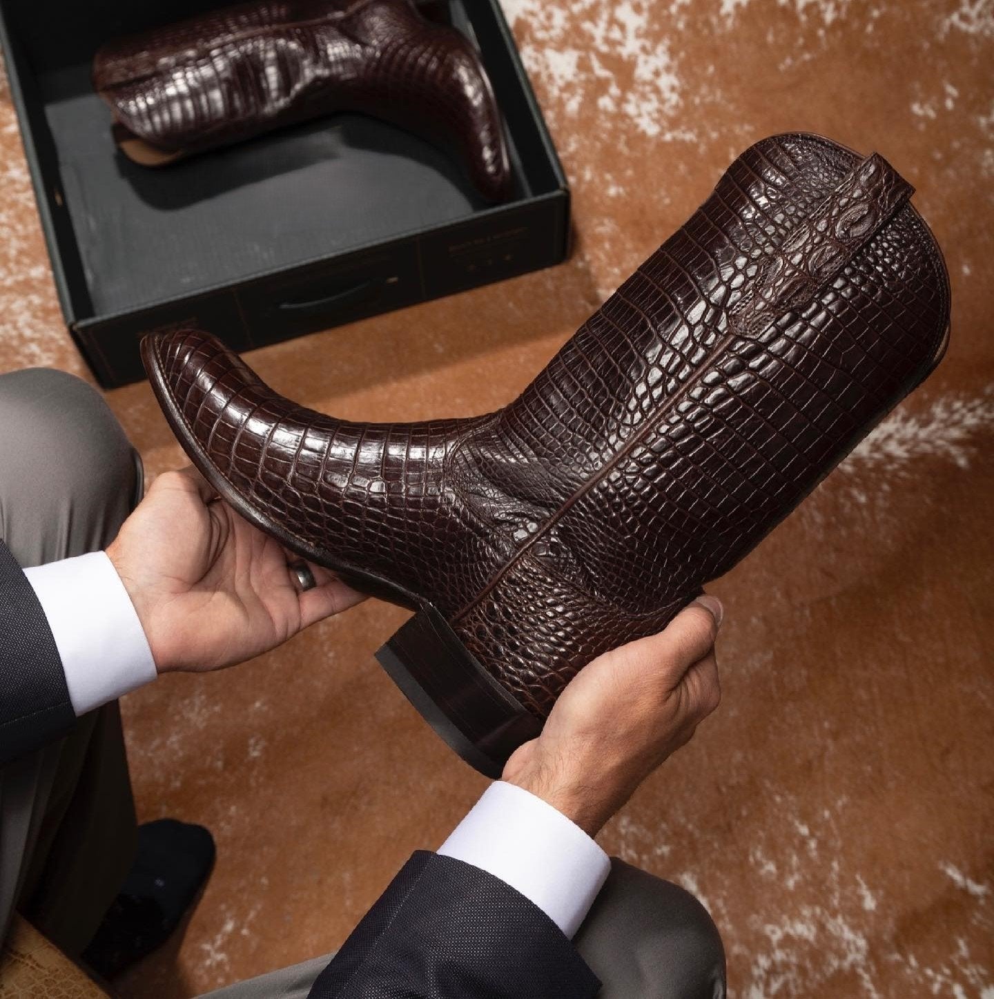 Brown Croc Print Leather Western Cowboy Boots