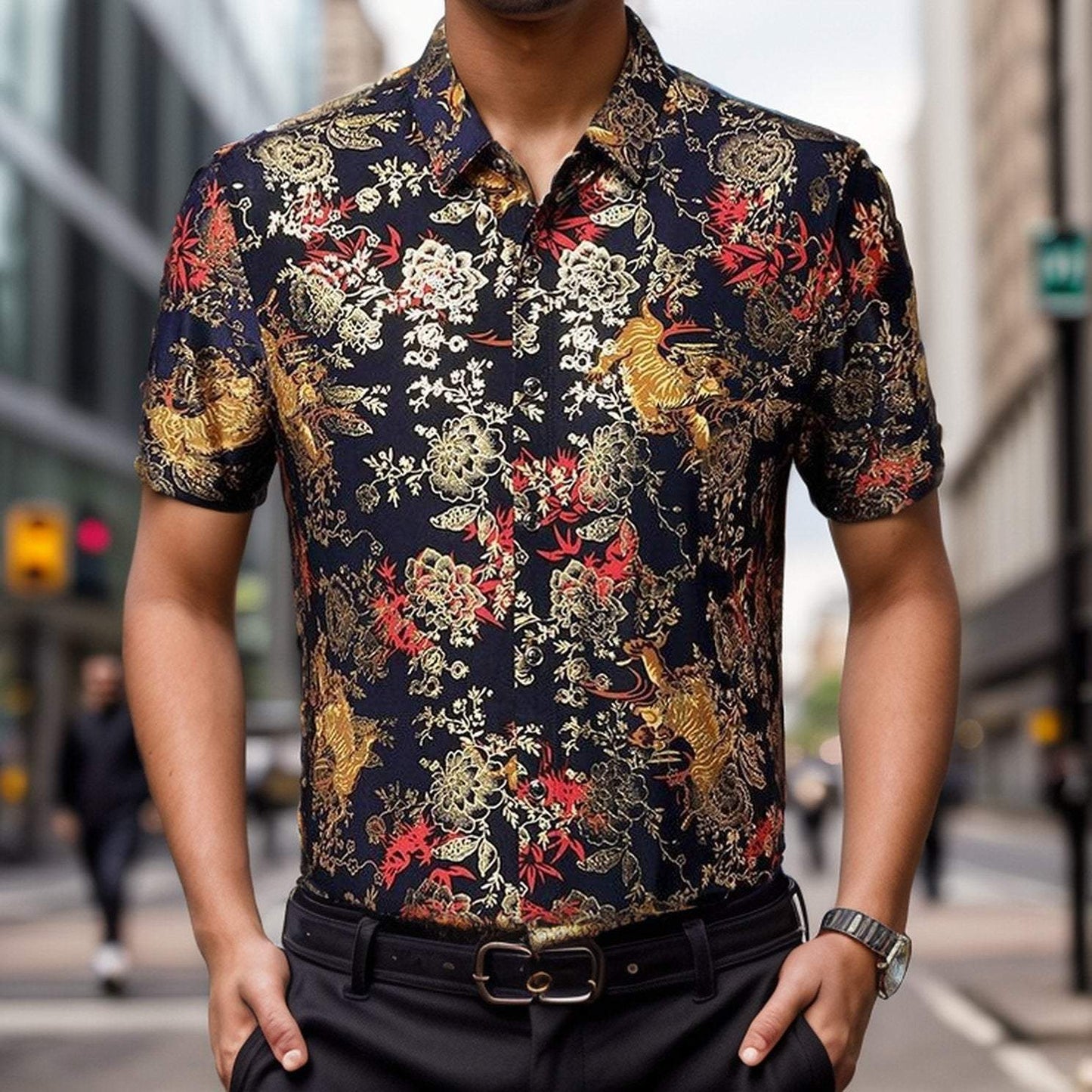 Summer new casual printed ice silk short-sleeved shirt