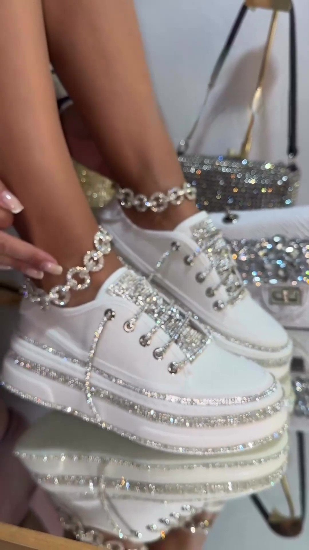 Crystal Stone Linen Platform Sneakers