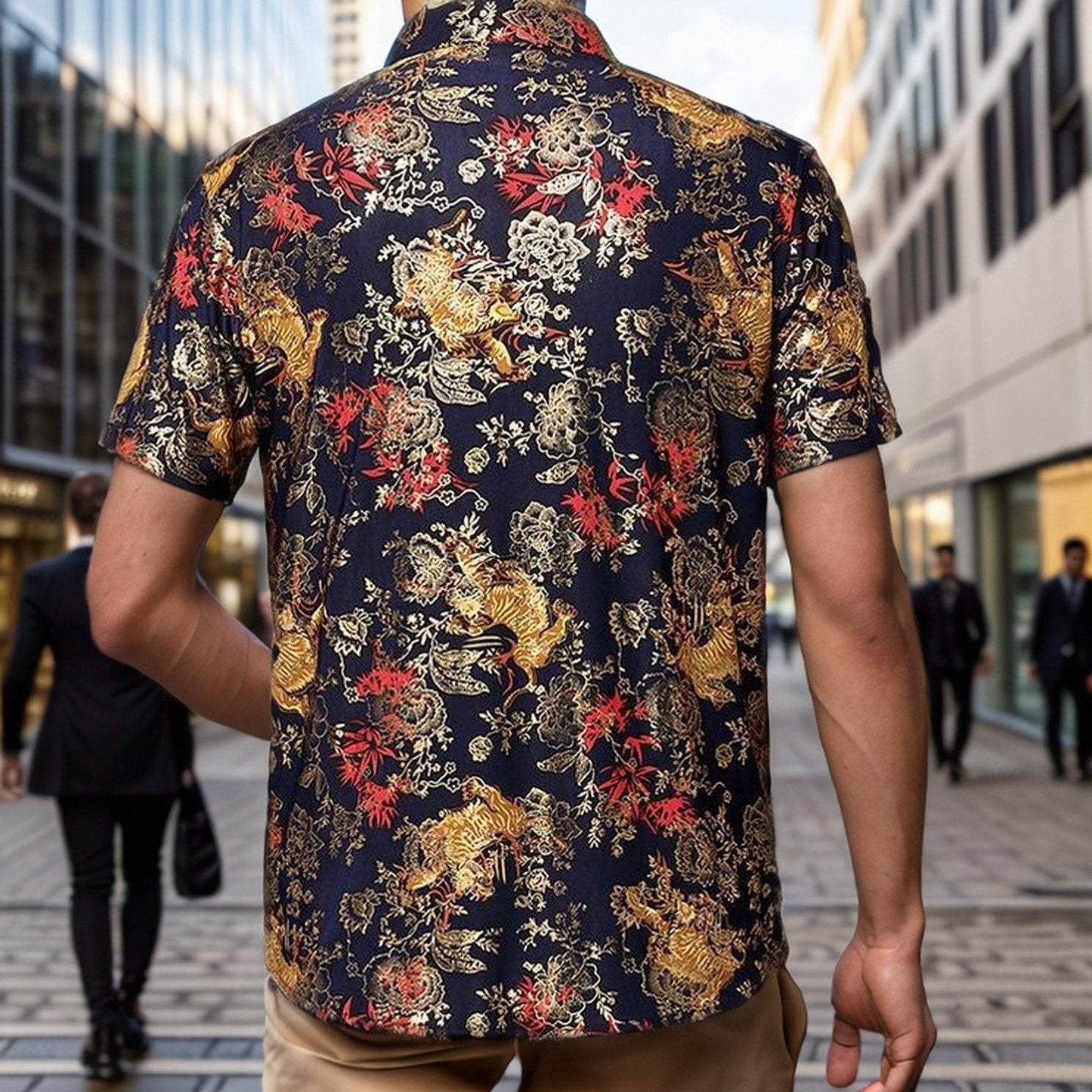Summer new casual printed ice silk short-sleeved shirt