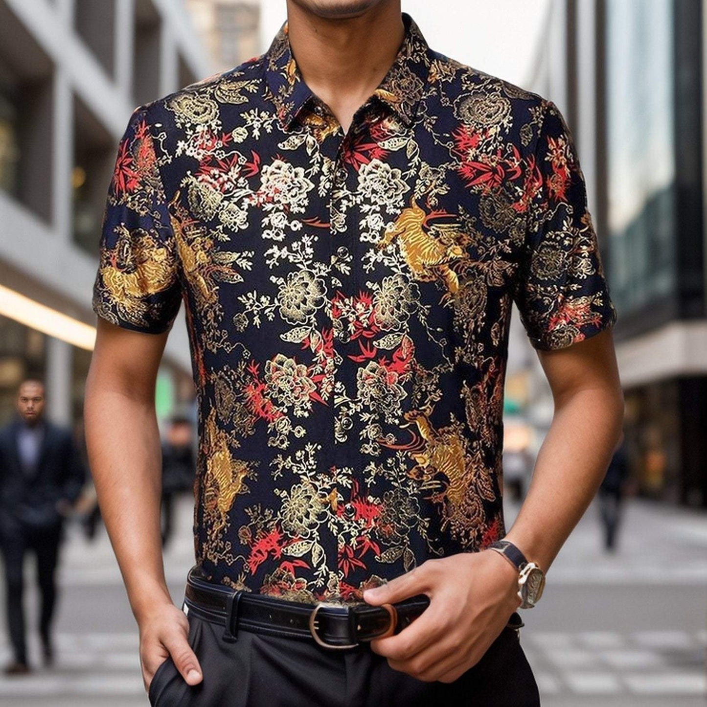 Summer new casual printed ice silk short-sleeved shirt