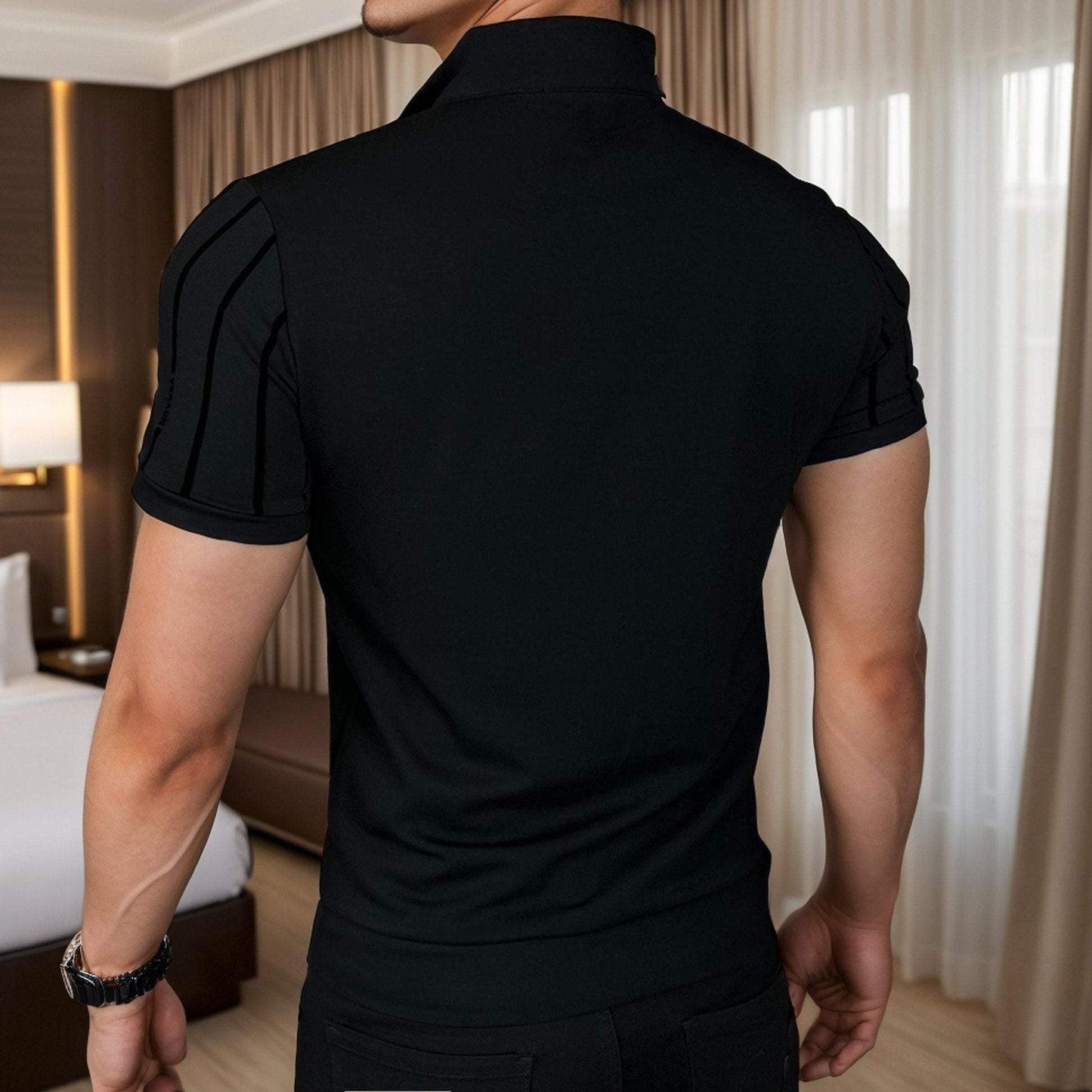 ZZ Vertical Stripe Rhinestone Zipper Polo Shirt