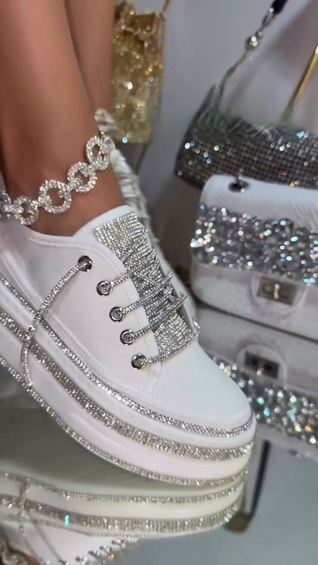 Crystal Stone Linen Platform Sneakers