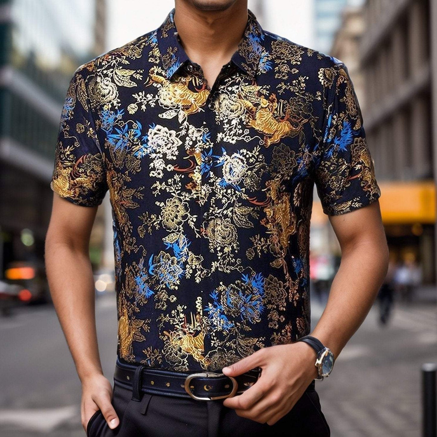 Summer new casual printed ice silk short-sleeved shirt