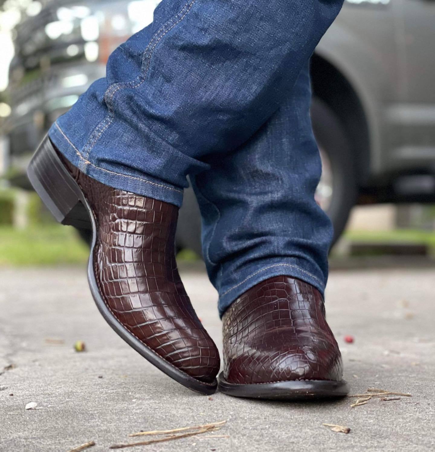 Brown Croc Print Leather Western Cowboy Boots