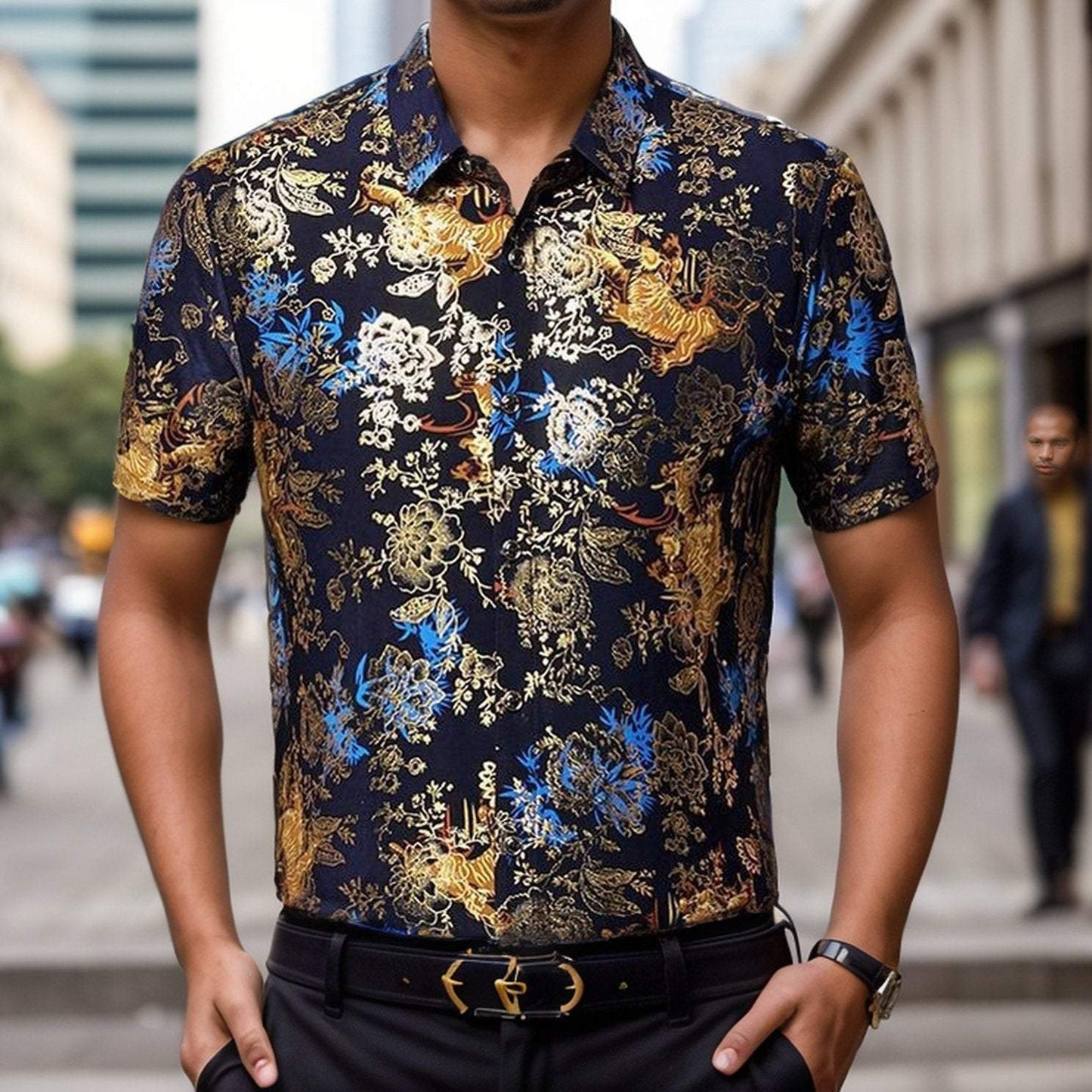 Summer new casual printed ice silk short-sleeved shirt
