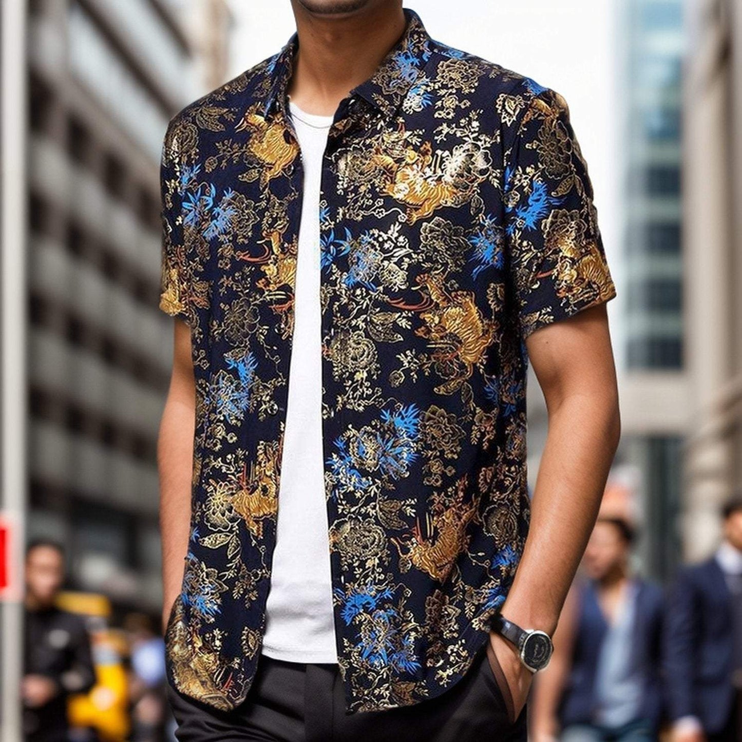 Summer new casual printed ice silk short-sleeved shirt