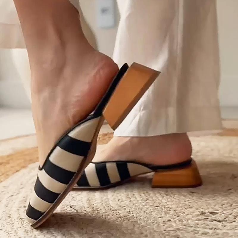 Women's Striped Vintage Block Heel Mules