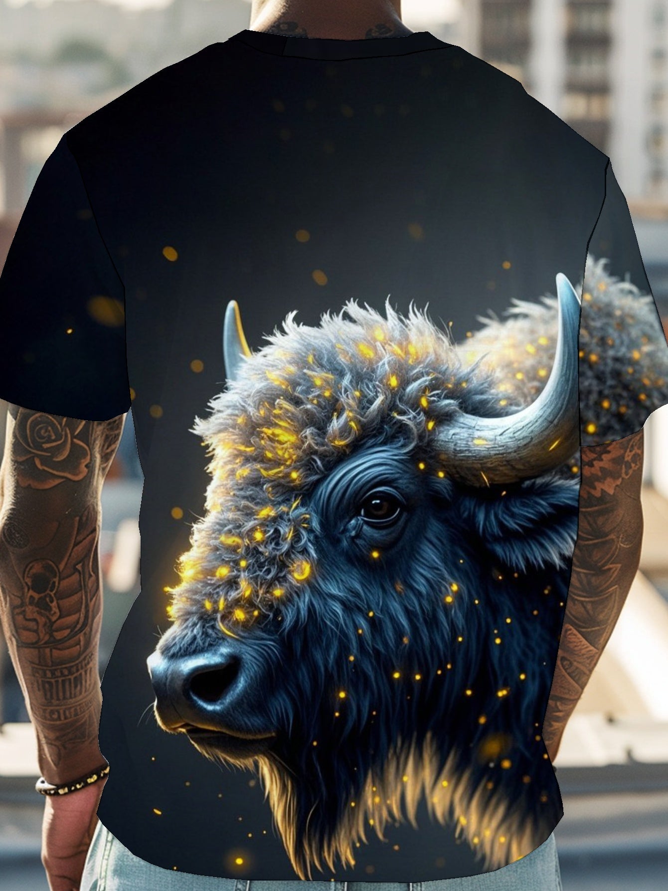 Bison Men's short-sleeved T-shirt summer T-shirt top full of print