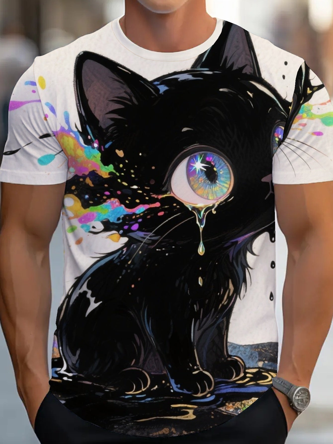 Color Cat Men's short-sleeved T-shirt summer T-shirt top full of print