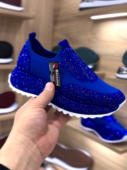 Shiny blue rhinestone platform slip-on sneakers