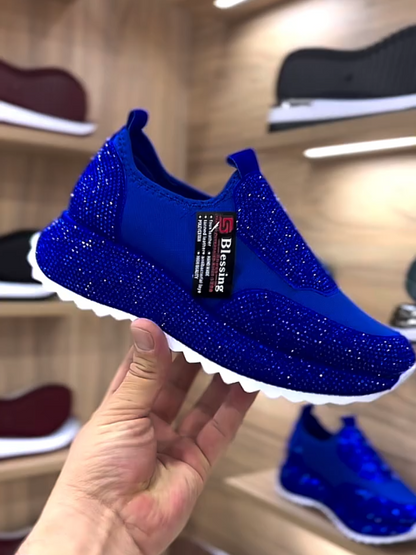 Shiny blue rhinestone platform slip-on sneakers