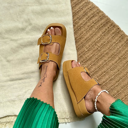 Buckle Detail Platform Suede Slide Sandals