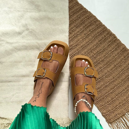 Buckle Detail Platform Suede Slide Sandals